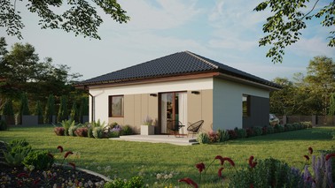 Projekt ERDOL 1 - Wersja lewa (salon po lewej stronie) - Czterospadowy bez poddasza użytkowego – kąt nachylenia 25 stopni - Bez okien/świetlików dachowych - Okna standardowe - Styropian, siatka i klej - Orzech