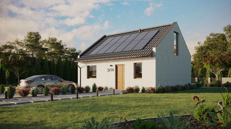 Projekt ERDOL 1 - Wersja lewa (salon po lewej stronie) - Dwuspadowy nowoczesny z poddaszem użytkowym – kąt nachylenia 35 stopni - Bez okien/świetlików dachowych - Okna na poddaszu do podłogi - Bez styropianu, siatki i kleju - Złoty dąb - Instalacja fotowoltaiczna 4,8 kWp (12 paneli)