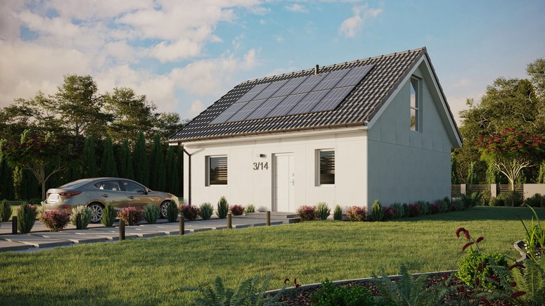 Projekt ERDOL 1 - Wersja lewa (salon po lewej stronie) - Dwuspadowy z poddaszem użytkowym – kąt nachylenia 35 stopni - Bez okien/świetlików dachowych - Okno balkonowe w jadalni i okna na poddaszu do podłogi - Bez styropianu, siatki i kleju - Biały - Instalacja fotowoltaiczna 4,8 kWp (12 paneli)