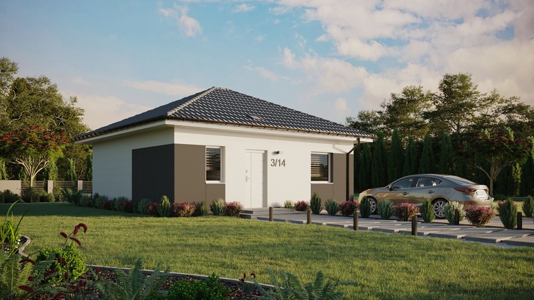 Projekt ERDOL 1 - Wersja prawa (salon po prawej stronie) - Czterospadowy bez poddasza użytkowego – kąt nachylenia 25 stopni - Świetlik dachowy - Okna standardowe - Styropian, siatka i klej - Biały