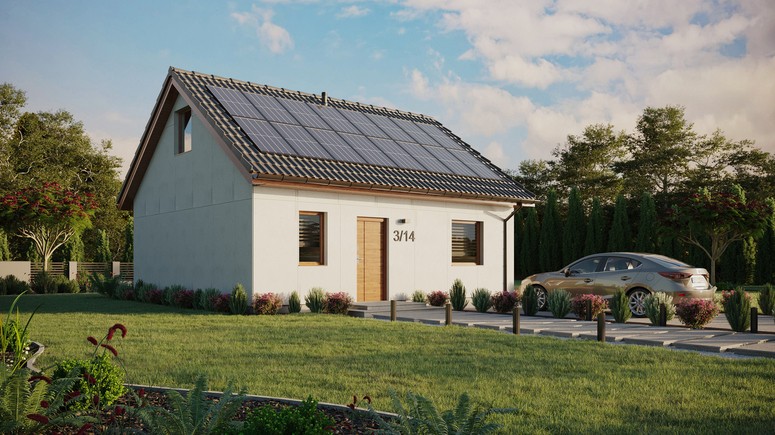 Projekt ERDOL 1 - Wersja prawa (salon po prawej stronie) - Dwuspadowy z poddaszem użytkowym – kąt nachylenia 35 stopni - Bez okien/świetlików dachowych - Okna standardowe - Bez styropianu, siatki i kleju - Złoty dąb - Instalacja fotowoltaiczna 6,4 kWp (16 paneli)