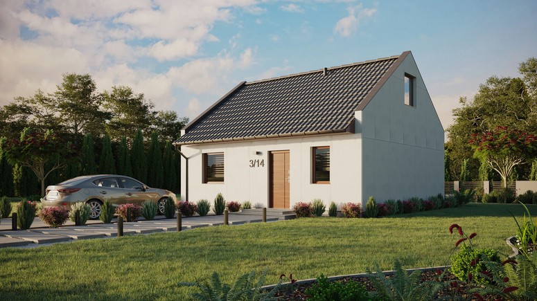 Projekt ERDOL 1 - Wersja lewa (salon po lewej stronie) - Dwuspadowy nowoczesny z poddaszem użytkowym – kąt nachylenia 35 stopni - Bez okien/świetlików dachowych - Okna standardowe - Bez styropianu, siatki i kleju - Orzech - Bez instalacji fotowoltaicznej