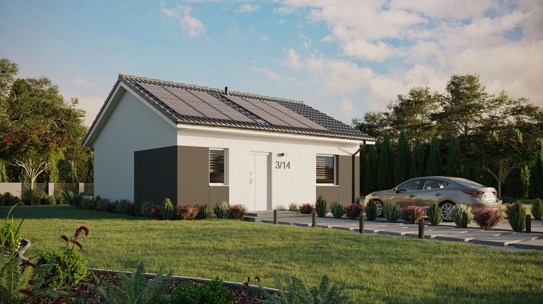 Projekt ERDOL 1 - Wersja prawa (salon po prawej stronie) - Dwuspadowy bez poddasza użytkowego – kąt nachylenia 25 stopni - Świetlik dachowy - Okna standardowe - Styropian, siatka i klej - Biały - Instalacja fotowoltaiczna 4,8 kWp (12 paneli)