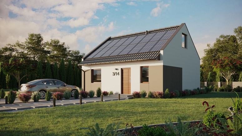 Projekt ERDOL 1 - Wersja lewa (salon po lewej stronie) - Dwuspadowy nowoczesny z poddaszem użytkowym – kąt nachylenia 35 stopni - Bez okien/świetlików dachowych - Okna standardowe - Styropian, siatka i klej - Orzech - Instalacja fotowoltaiczna 6,4 kWp (16 paneli)