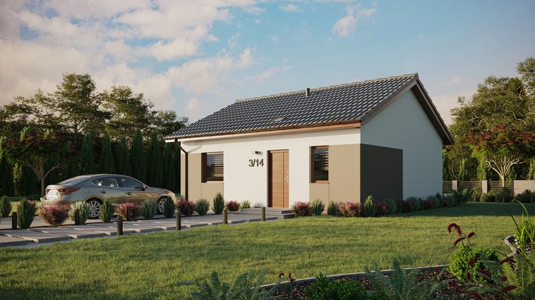 Projekt ERDOL 1 - Wersja lewa (salon po lewej stronie) - Dwuspadowy bez poddasza użytkowego – kąt nachylenia 25 stopni - Świetlik dachowy - Okna standardowe - Styropian, siatka i klej - Orzech - Bez instalacji fotowoltaicznej