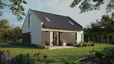 Projekt ERDOL 1 - Wersja prawa (salon po prawej stronie) - Dwuspadowy nowoczesny z poddaszem użytkowym – kąt nachylenia 35 stopni - Dwa okna dachowe pokojowe - Okna na poddaszu do podłogi - Styropian, siatka i klej - Antracyt - Bez instalacji fotowoltaicznej