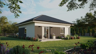 Projekt ERDOL 1 - Wersja prawa (salon po prawej stronie) - Czterospadowy bez poddasza użytkowego – kąt nachylenia 25 stopni - Bez okien/świetlików dachowych - Okna standardowe - Styropian, siatka i klej - Biały