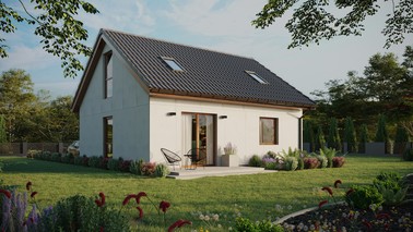 Projekt ERDOL 1 - Wersja prawa (salon po prawej stronie) - Dwuspadowy z poddaszem użytkowym – kąt nachylenia 35 stopni - Dwa okna dachowe pokojowe - Okno balkonowe w jadalni i okna na poddaszu do podłogi - Bez styropianu, siatki i kleju - Złoty dąb - Instalacja fotowoltaiczna 4,8 kWp (12 paneli)