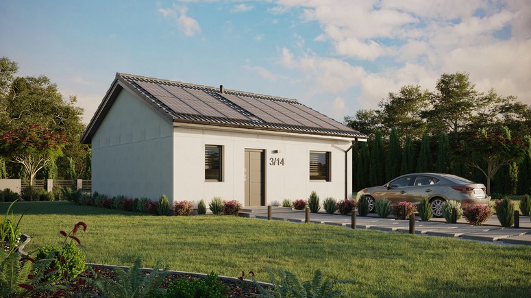 Projekt ERDOL 1 - Wersja prawa (salon po prawej stronie) - Dwuspadowy bez poddasza użytkowego – kąt nachylenia 25 stopni - Świetlik dachowy - Okna standardowe - Bez styropianu, siatki i kleju - Antracyt - Instalacja fotowoltaiczna 6,4 kWp (16 paneli)