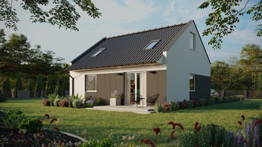 Projekt ERDOL 1 - Wersja lewa (salon po lewej stronie) - Dwuspadowy nowoczesny z poddaszem użytkowym – kąt nachylenia 35 stopni - Dwa okna dachowe pokojowe - Okna standardowe - Styropian, siatka i klej - Biały - Bez instalacji fotowoltaicznej