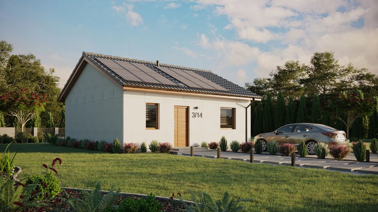 Projekt ERDOL 1 - Wersja prawa (salon po prawej stronie) - Dwuspadowy bez poddasza użytkowego – kąt nachylenia 25 stopni - Świetlik dachowy - Okna standardowe - Bez styropianu, siatki i kleju - Złoty dąb - Instalacja fotowoltaiczna 4,8 kWp (12 paneli)