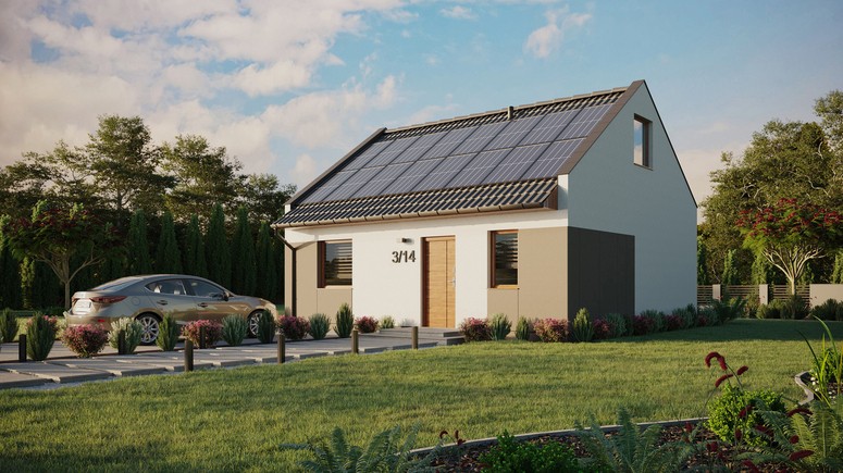 Projekt ERDOL 1 - Wersja lewa (salon po lewej stronie) - Dwuspadowy nowoczesny z poddaszem użytkowym – kąt nachylenia 35 stopni - Bez okien/świetlików dachowych - Okna standardowe - Styropian, siatka i klej - Złoty dąb - Instalacja fotowoltaiczna 6,4 kWp (16 paneli)