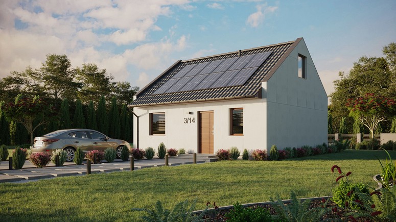 Projekt ERDOL 1 - Wersja lewa (salon po lewej stronie) - Dwuspadowy nowoczesny z poddaszem użytkowym – kąt nachylenia 35 stopni - Dwa okna dachowe pokojowe - Okna standardowe - Bez styropianu, siatki i kleju - Orzech - Instalacja fotowoltaiczna 4,8 kWp (12 paneli)