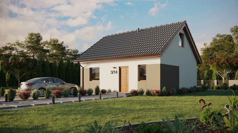 Projekt ERDOL 1 - Wersja lewa (salon po lewej stronie) - Dwuspadowy z poddaszem użytkowym – kąt nachylenia 35 stopni - Bez okien/świetlików dachowych - Okna standardowe - Styropian, siatka i klej - Złoty dąb - Bez instalacji fotowoltaicznej