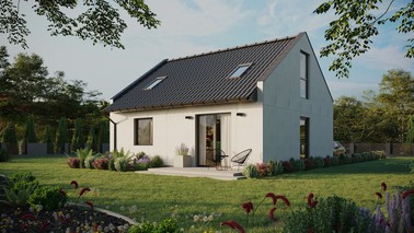 Projekt ERDOL 1 - Wersja lewa (salon po lewej stronie) - Dwuspadowy nowoczesny z poddaszem użytkowym – kąt nachylenia 35 stopni - Dwa okna dachowe pokojowe - Okno balkonowe w jadalni i okna na poddaszu do podłogi - Bez styropianu, siatki i kleju - Antracyt - Bez instalacji fotowoltaicznej