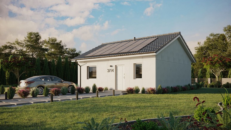 Projekt ERDOL 1 - Wersja lewa (salon po lewej stronie) - Dwuspadowy bez poddasza użytkowego – kąt nachylenia 25 stopni - Bez okien/świetlików dachowych - Okna standardowe - Bez styropianu, siatki i kleju - Biały - Instalacja fotowoltaiczna 4,8 kWp (12 paneli)