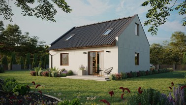 Projekt ERDOL 1 - Wersja lewa (salon po lewej stronie) - Dwuspadowy nowoczesny z poddaszem użytkowym – kąt nachylenia 35 stopni - Dwa okna dachowe pokojowe - Okna standardowe - Bez styropianu, siatki i kleju - Złoty dąb - Bez instalacji fotowoltaicznej