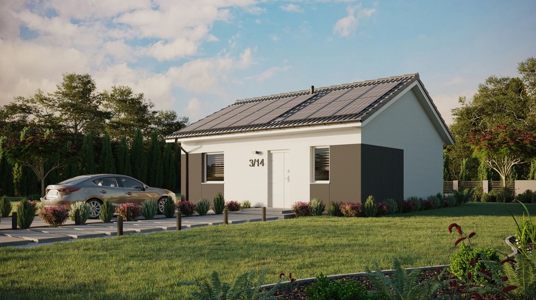 Projekt ERDOL 1 - Wersja lewa (salon po lewej stronie) - Dwuspadowy bez poddasza użytkowego – kąt nachylenia 25 stopni - Świetlik dachowy - Okna standardowe - Styropian, siatka i klej - Biały - Instalacja fotowoltaiczna 6,4 kWp (16 paneli)