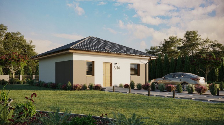 Projekt ERDOL 1 - Wersja prawa (salon po prawej stronie) - Czterospadowy bez poddasza użytkowego – kąt nachylenia 25 stopni - Świetlik dachowy - Okna standardowe - Styropian, siatka i klej - Winchester