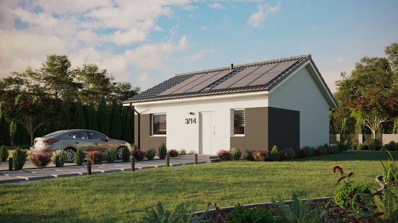 Projekt ERDOL 1 - Wersja lewa (salon po lewej stronie) - Dwuspadowy bez poddasza użytkowego – kąt nachylenia 25 stopni - Świetlik dachowy - Okna standardowe - Styropian, siatka i klej - Biały - Instalacja fotowoltaiczna 4,8 kWp (12 paneli)