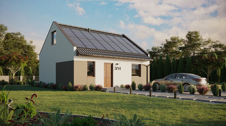 Projekt ERDOL 1 - Wersja prawa (salon po prawej stronie) - Dwuspadowy nowoczesny z poddaszem użytkowym – kąt nachylenia 35 stopni - Bez okien/świetlików dachowych - Okna standardowe - Styropian, siatka i klej - Orzech - Instalacja fotowoltaiczna 6,4 kWp (16 paneli)