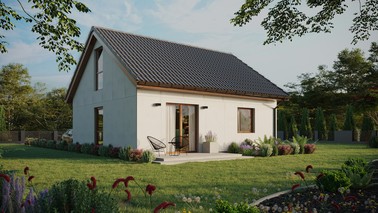 Projekt ERDOL 1 - Wersja prawa (salon po prawej stronie) - Dwuspadowy z poddaszem użytkowym – kąt nachylenia 35 stopni - Bez okien/świetlików dachowych - Okno balkonowe w jadalni i okna na poddaszu do podłogi - Bez styropianu, siatki i kleju - Złoty dąb - Bez instalacji fotowoltaicznej