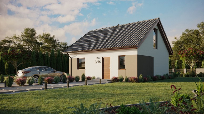 Projekt ERDOL 1 - Wersja lewa (salon po lewej stronie) - Dwuspadowy z poddaszem użytkowym – kąt nachylenia 35 stopni - Bez okien/świetlików dachowych - Okna na poddaszu do podłogi - Styropian, siatka i klej - Orzech - Bez instalacji fotowoltaicznej