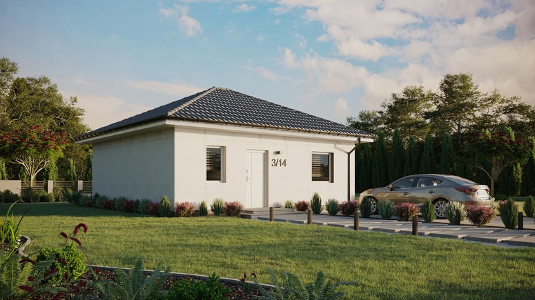 Projekt ERDOL 1 - Wersja prawa (salon po prawej stronie) - Czterospadowy bez poddasza użytkowego – kąt nachylenia 25 stopni - Bez okien/świetlików dachowych - Okna standardowe - Bez styropianu, siatki i kleju - Biały