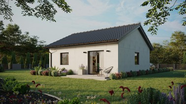 Projekt ERDOL 1 - Wersja lewa (salon po lewej stronie) - Dwuspadowy bez poddasza użytkowego – kąt nachylenia 25 stopni - Bez okien/świetlików dachowych - Okna standardowe - Bez styropianu, siatki i kleju - Antracyt - Bez instalacji fotowoltaicznej