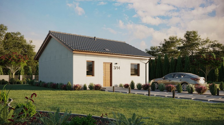 Projekt ERDOL 1 - Wersja prawa (salon po prawej stronie) - Dwuspadowy bez poddasza użytkowego – kąt nachylenia 25 stopni - Świetlik dachowy - Okna standardowe - Bez styropianu, siatki i kleju - Złoty dąb - Bez instalacji fotowoltaicznej