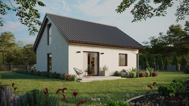 Projekt ERDOL 1 - Wersja prawa (salon po prawej stronie) - Dwuspadowy z poddaszem użytkowym – kąt nachylenia 35 stopni - Bez okien/świetlików dachowych - Okno balkonowe w jadalni i okna na poddaszu do podłogi - Bez styropianu, siatki i kleju - Orzech - Bez instalacji fotowoltaicznej