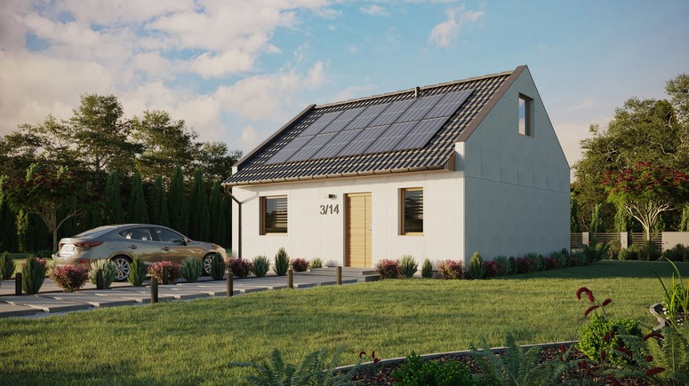 Projekt ERDOL 1 - Wersja lewa (salon po lewej stronie) - Dwuspadowy nowoczesny z poddaszem użytkowym – kąt nachylenia 35 stopni - Bez okien/świetlików dachowych - Okna standardowe - Bez styropianu, siatki i kleju - Winchester - Instalacja fotowoltaiczna 4,8 kWp (12 paneli)
