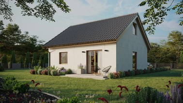 Projekt ERDOL 1 - Wersja lewa (salon po lewej stronie) - Dwuspadowy z poddaszem użytkowym – kąt nachylenia 35 stopni - Bez okien/świetlików dachowych - Okno balkonowe w jadalni - Bez styropianu, siatki i kleju - Winchester - Bez instalacji fotowoltaicznej