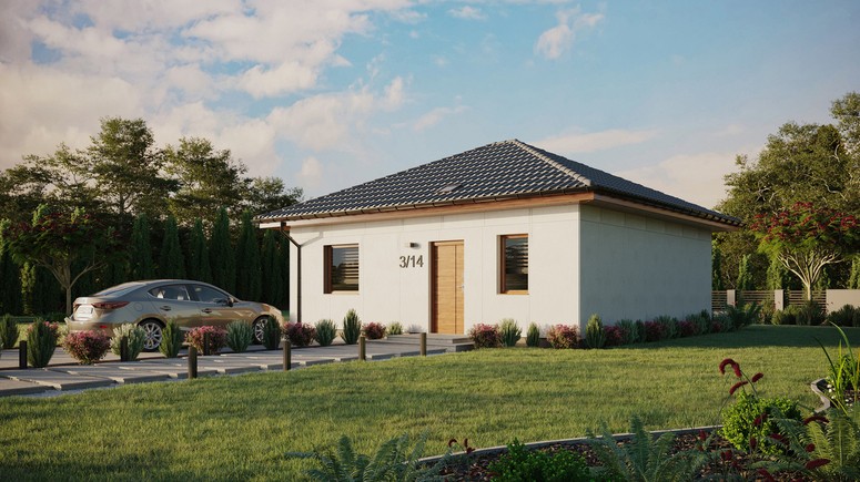 Projekt ERDOL 1 - Wersja lewa (salon po lewej stronie) - Czterospadowy bez poddasza użytkowego – kąt nachylenia 25 stopni - Świetlik dachowy - Okna standardowe - Bez styropianu, siatki i kleju - Złoty dąb