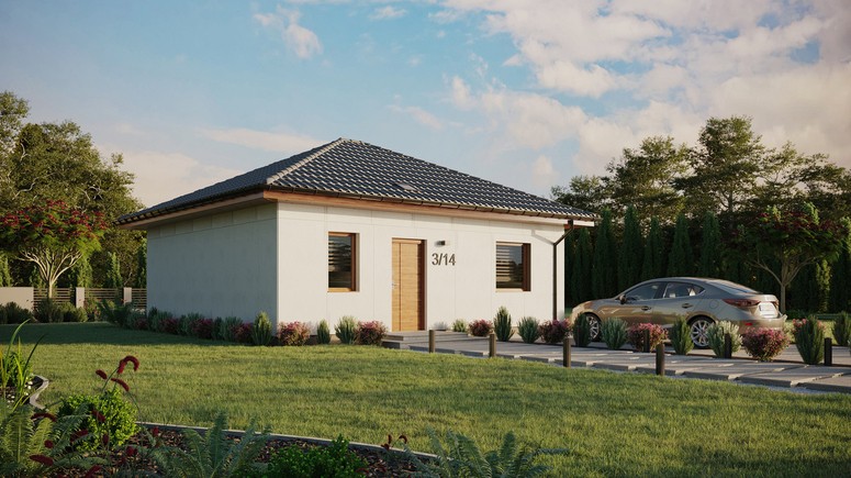 Projekt ERDOL 1 - Wersja prawa (salon po prawej stronie) - Czterospadowy bez poddasza użytkowego – kąt nachylenia 25 stopni - Świetlik dachowy - Okna standardowe - Bez styropianu, siatki i kleju - Złoty dąb