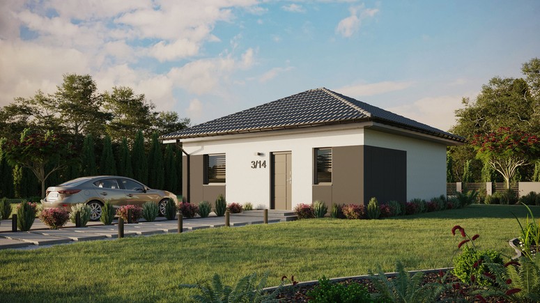 Projekt ERDOL 1 - Wersja lewa (salon po lewej stronie) - Czterospadowy bez poddasza użytkowego – kąt nachylenia 25 stopni - Bez okien/świetlików dachowych - Okna standardowe - Styropian, siatka i klej - Antracyt