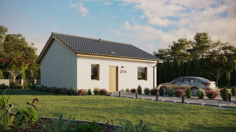 Projekt ERDOL 1 - Wersja prawa (salon po prawej stronie) - Dwuspadowy bez poddasza użytkowego – kąt nachylenia 25 stopni - Świetlik dachowy - Okna standardowe - Bez styropianu, siatki i kleju - Winchester - Bez instalacji fotowoltaicznej