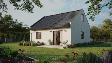 Projekt ERDOL 1 - Wersja lewa (salon po lewej stronie) - Dwuspadowy nowoczesny z poddaszem użytkowym – kąt nachylenia 35 stopni - Bez okien/świetlików dachowych - Okna standardowe - Bez styropianu, siatki i kleju - Orzech - Bez instalacji fotowoltaicznej