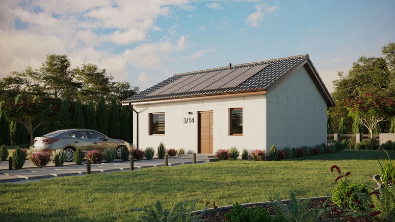 Projekt ERDOL 1 - Wersja lewa (salon po lewej stronie) - Dwuspadowy bez poddasza użytkowego – kąt nachylenia 25 stopni - Bez okien/świetlików dachowych - Okna standardowe - Bez styropianu, siatki i kleju - Orzech - Instalacja fotowoltaiczna 4,8 kWp (12 paneli)