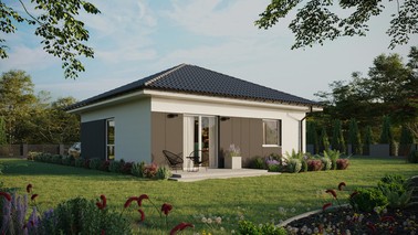 Projekt ERDOL 1 - Wersja prawa (salon po prawej stronie) - Czterospadowy bez poddasza użytkowego – kąt nachylenia 25 stopni - Bez okien/świetlików dachowych - Okno balkonowe w jadalni - Styropian, siatka i klej - Biały