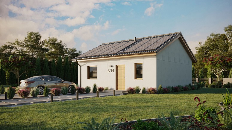 Projekt ERDOL 1 - Wersja lewa (salon po lewej stronie) - Dwuspadowy bez poddasza użytkowego – kąt nachylenia 25 stopni - Świetlik dachowy - Okna standardowe - Bez styropianu, siatki i kleju - Winchester - Instalacja fotowoltaiczna 6,4 kWp (16 paneli)