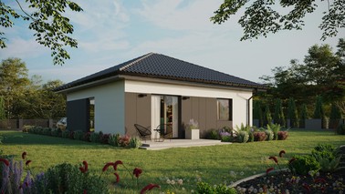 Projekt ERDOL 1 - Wersja prawa (salon po prawej stronie) - Czterospadowy bez poddasza użytkowego – kąt nachylenia 25 stopni - Bez okien/świetlików dachowych - Okno balkonowe w jadalni - Styropian, siatka i klej - Antracyt