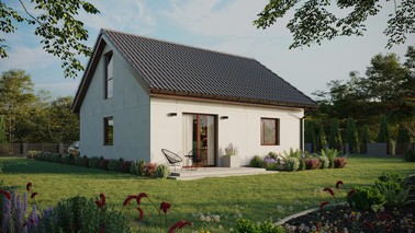 Projekt ERDOL 1 - Wersja prawa (salon po prawej stronie) - Dwuspadowy z poddaszem użytkowym – kąt nachylenia 35 stopni - Bez okien/świetlików dachowych - Okna na poddaszu do podłogi - Bez styropianu, siatki i kleju - Orzech - Bez instalacji fotowoltaicznej