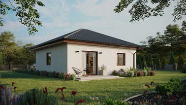 Projekt ERDOL 1 - Wersja prawa (salon po prawej stronie) - Czterospadowy bez poddasza użytkowego – kąt nachylenia 25 stopni - Bez okien/świetlików dachowych - Okna standardowe - Bez styropianu, siatki i kleju - Orzech