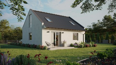 Projekt ERDOL 1 - Wersja prawa (salon po prawej stronie) - Dwuspadowy nowoczesny z poddaszem użytkowym – kąt nachylenia 35 stopni - Dwa okna dachowe pokojowe - Okna na poddaszu do podłogi - Bez styropianu, siatki i kleju - Biały - Instalacja fotowoltaiczna 6,4 kWp (16 paneli)