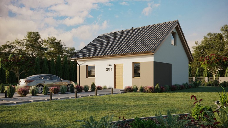 Projekt ERDOL 1 - Wersja lewa (salon po lewej stronie) - Dwuspadowy z poddaszem użytkowym – kąt nachylenia 35 stopni - Bez okien/świetlików dachowych - Okna standardowe - Styropian, siatka i klej - Winchester - Bez instalacji fotowoltaicznej