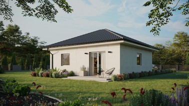 Projekt ERDOL 1 - Wersja lewa (salon po lewej stronie) - Czterospadowy bez poddasza użytkowego – kąt nachylenia 25 stopni - Bez okien/świetlików dachowych - Okna standardowe - Bez styropianu, siatki i kleju - Biały