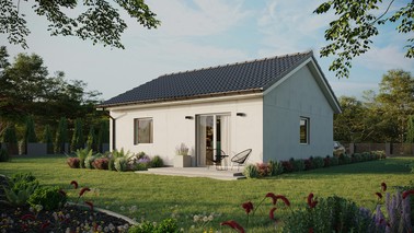 Projekt ERDOL 1 - Wersja lewa (salon po lewej stronie) - Dwuspadowy bez poddasza użytkowego – kąt nachylenia 25 stopni - Bez okien/świetlików dachowych - Okna standardowe - Bez styropianu, siatki i kleju - Biały - Bez instalacji fotowoltaicznej