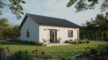 Projekt ERDOL 1 - Wersja prawa (salon po prawej stronie) - Dwuspadowy bez poddasza użytkowego – kąt nachylenia 25 stopni - Bez okien/świetlików dachowych - Okna standardowe - Bez styropianu, siatki i kleju - Antracyt - Bez instalacji fotowoltaicznej