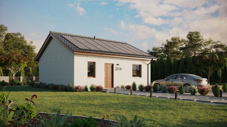 Projekt ERDOL 1 - Wersja prawa (salon po prawej stronie) - Dwuspadowy bez poddasza użytkowego – kąt nachylenia 25 stopni - Bez okien/świetlików dachowych - Okna standardowe - Bez styropianu, siatki i kleju - Orzech - Instalacja fotowoltaiczna 6,4 kWp (16 paneli)